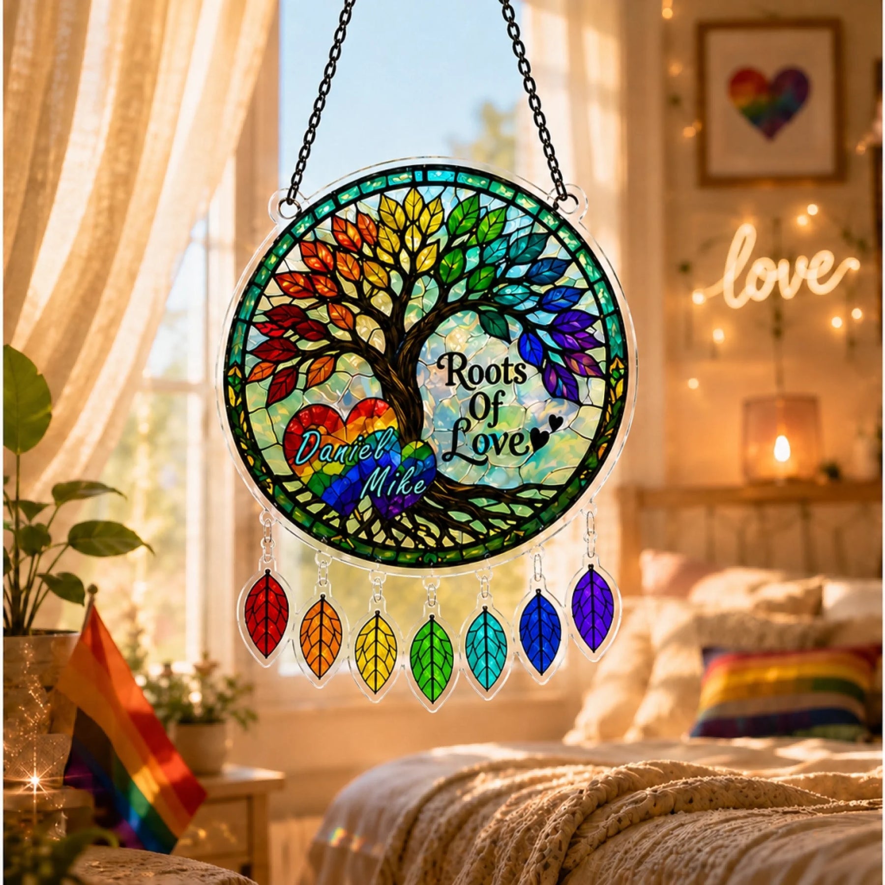 Decorative stained glass window hanging with 'Roots of Love' design in a room with a 'love' sign.