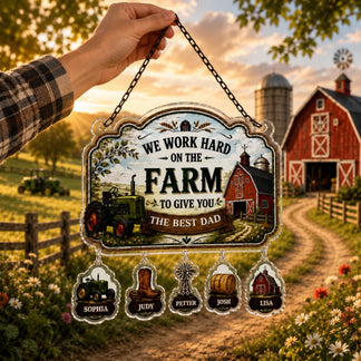 Decorative sign with farm-themed design and text, held by a hand against a rural landscape.