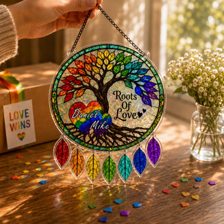 Decorative stained glass panel with rainbow leaves and 'Roots of Love' design on a wooden surface.