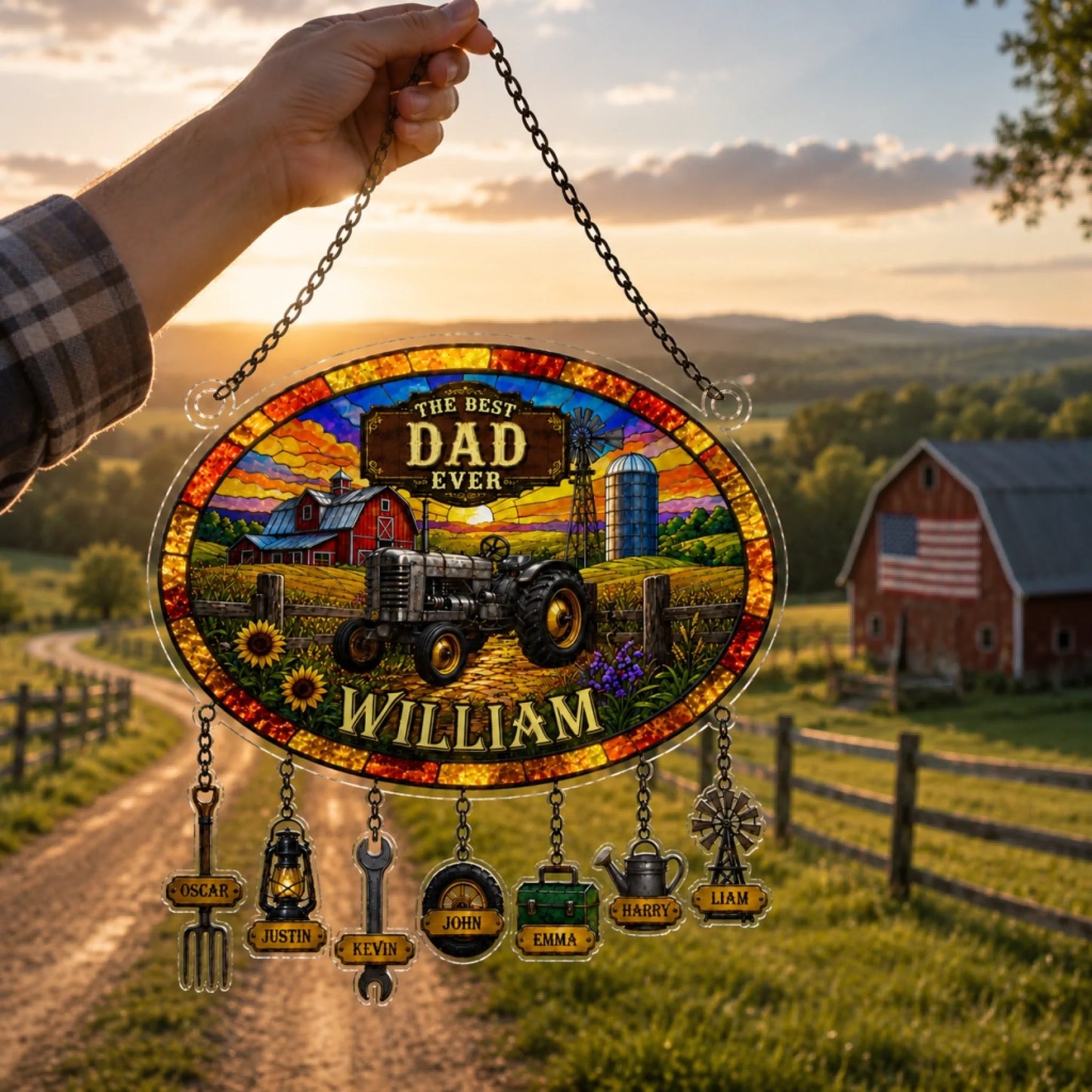 Decorative sign with a tractor and personalized names against a rural landscape.