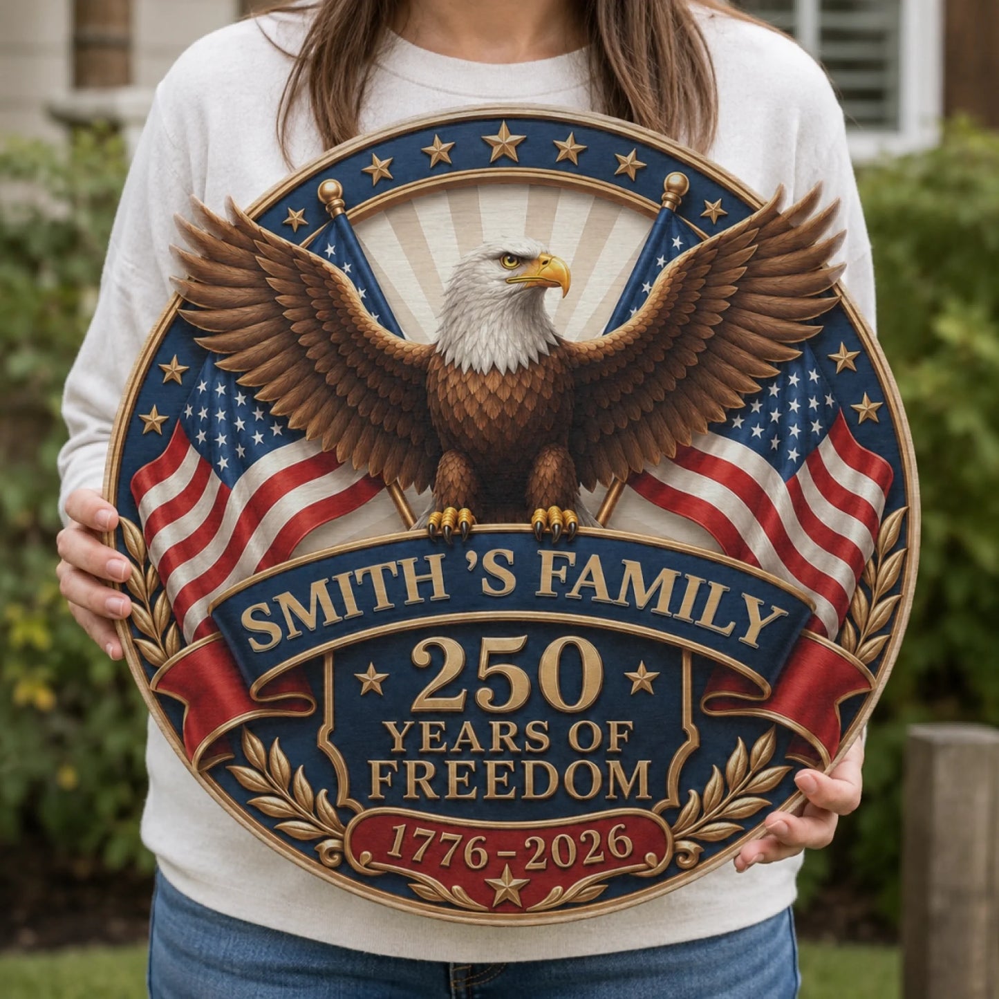 Person holding a decorative sign with an eagle and American flag design, celebrating 250 years of freedom.