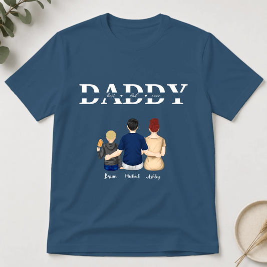 Blue t-shirt with a graphic of three people and the word 'DADDY' on a white background.