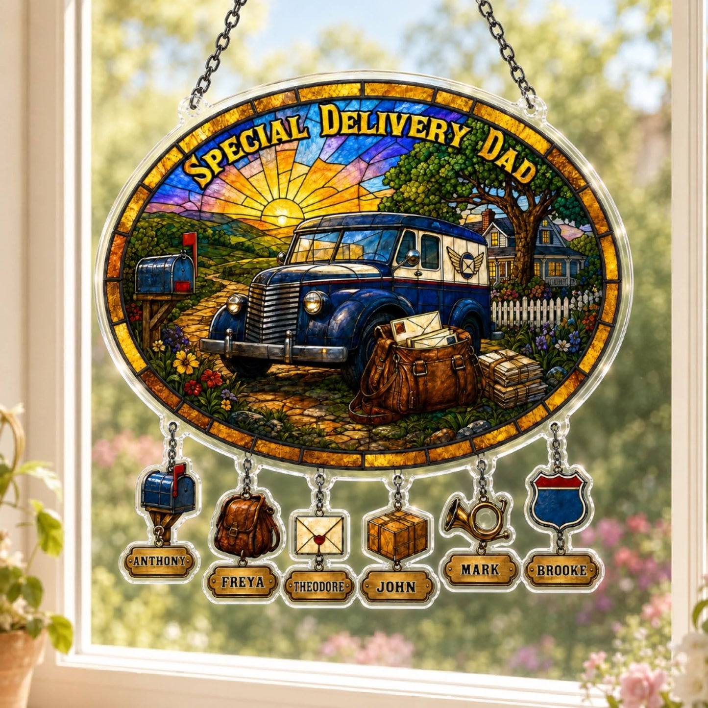 Decorative stained glass panel with a vintage truck and personalized names, hanging by a window.