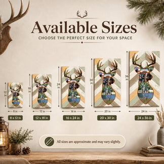 Wall art with deer heads and size chart on a rustic background