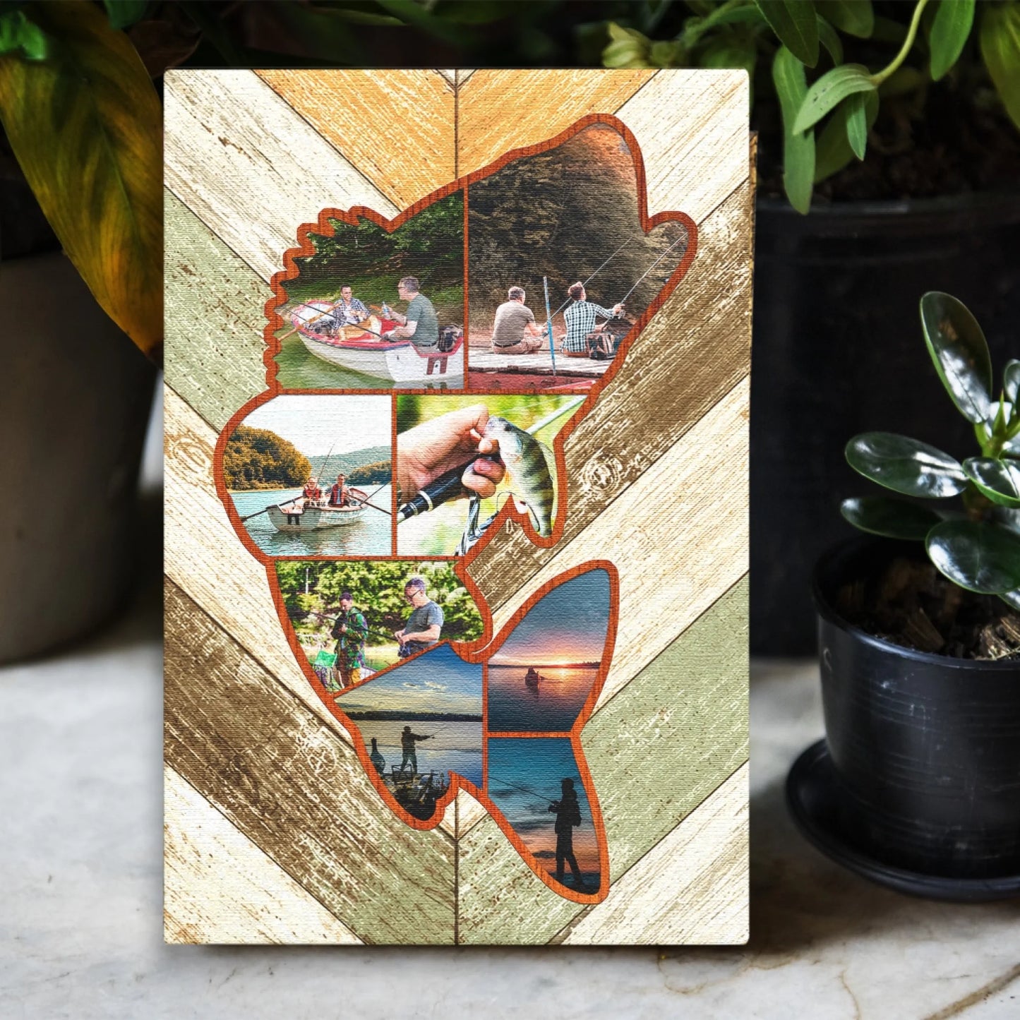 canvas wall art with cut-out sections showing fishing activities