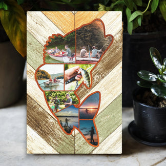 canvas wall art with cut-out sections showing fishing activities