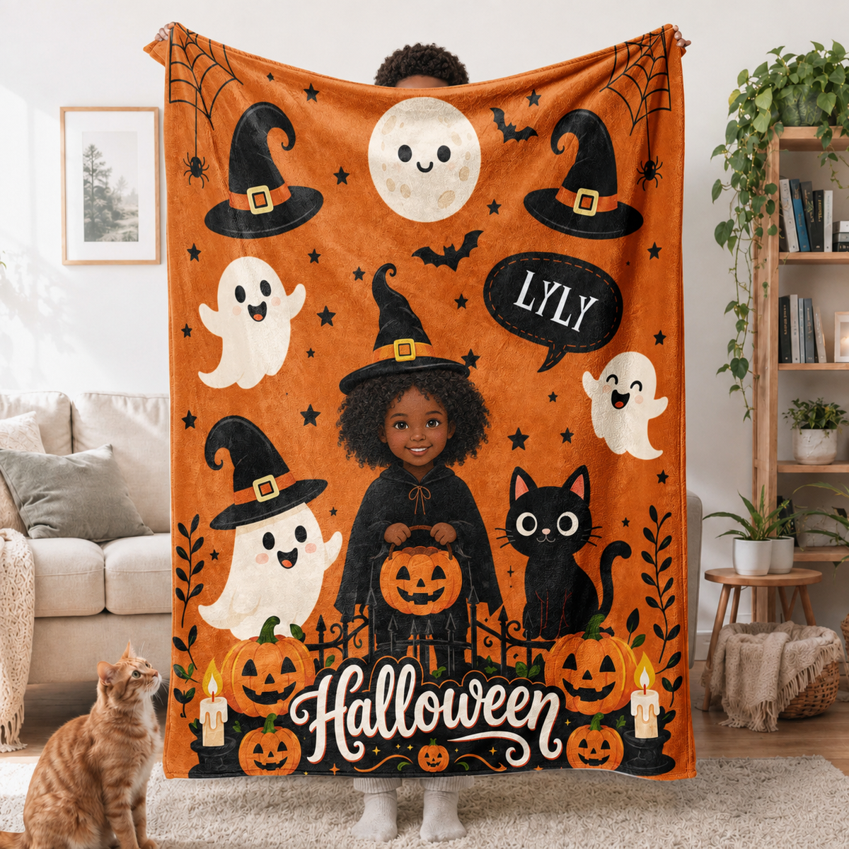 Kids Personalized Fleece Blanket - Custom Photo - 4 Size - Cozy Halloween Gift - Little Witch and Ghost Design - Jollimate