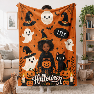 Kids Personalized Fleece Blanket - Custom Photo - 4 Size - Cozy Halloween Gift - Little Witch and Ghost Design - Jollimate