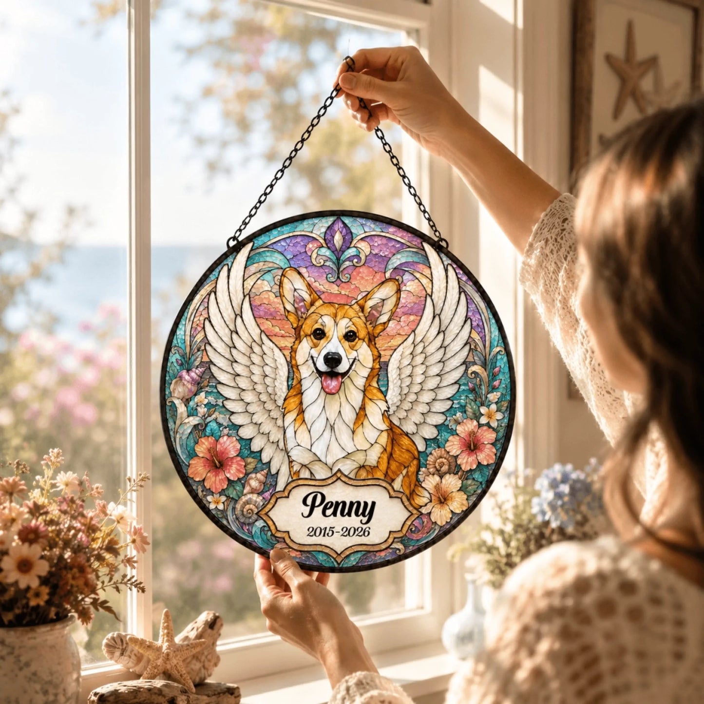 A person holds a circular stained glass style art piece featuring a winged corgi with a personalized name and dates, in a window.