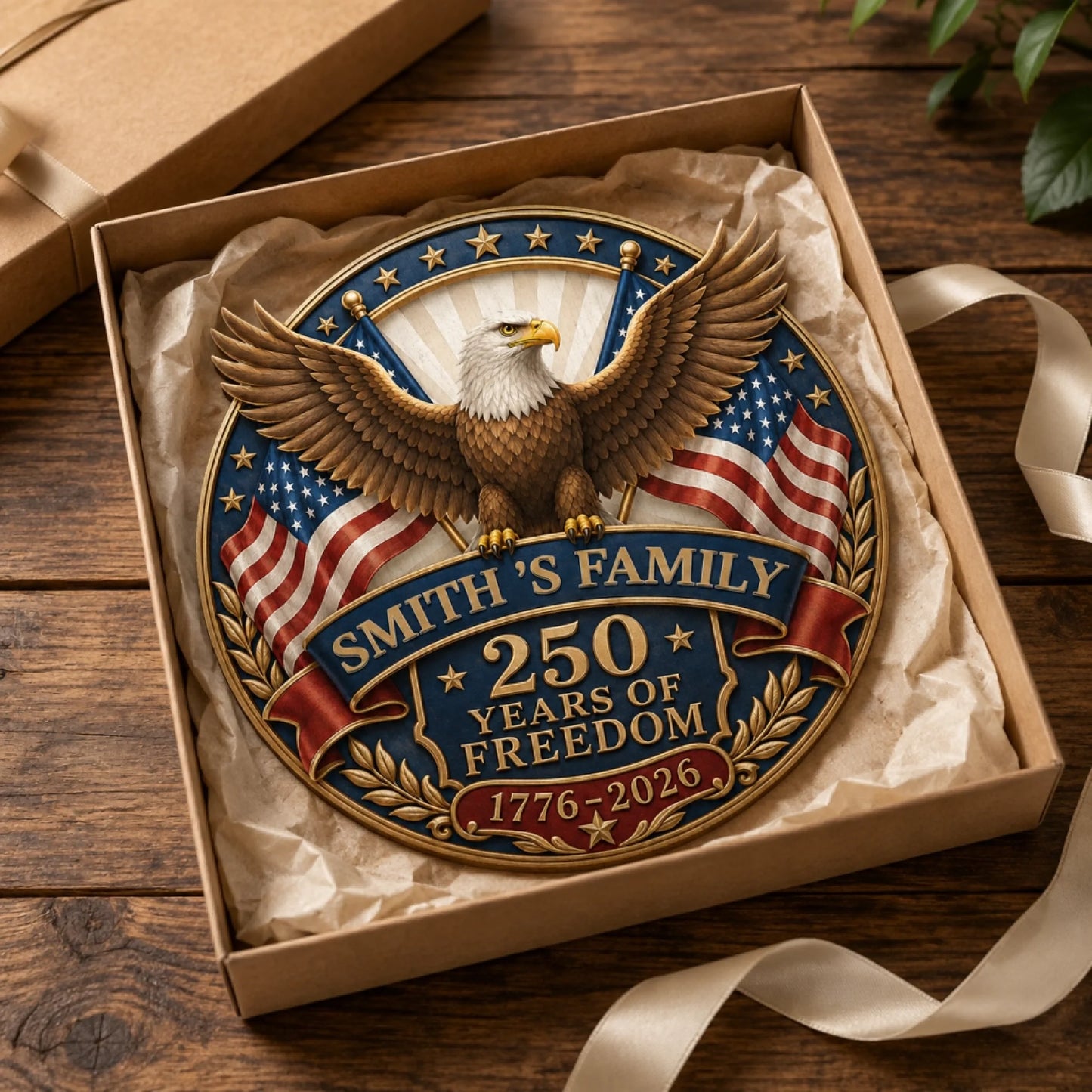 Decorative plaque with eagle and American flag design in a box on a wooden surface