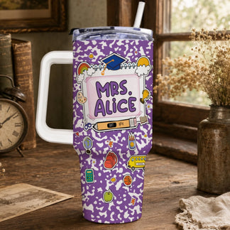 Purple travel tumbler with a white handle, lid, and straw. It features a school-themed design with 'MRS. ALICE' and various colorful illustrations.