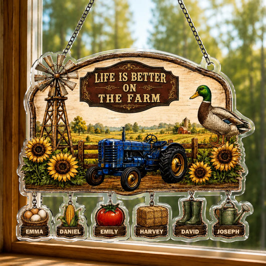 Decorative sign with farm-themed elements including a tractor, windmill, and names on a wooden background.