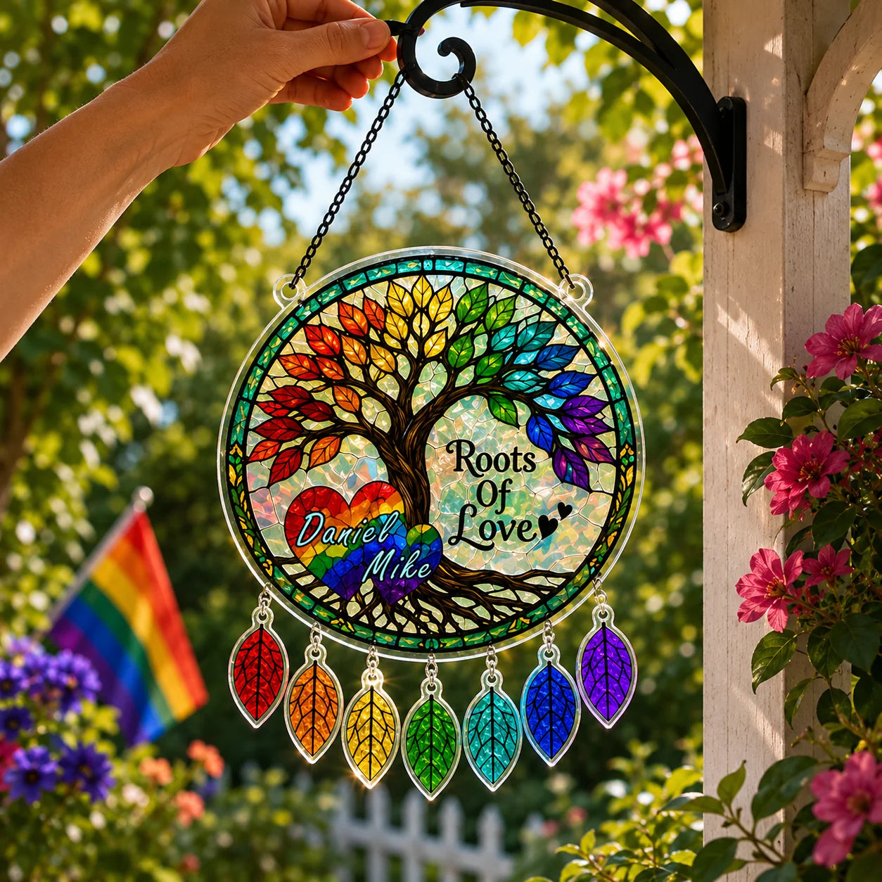 Stained glass wall hanging with colorful tree design and 'Roots of Love' text, held by a hand outdoors.