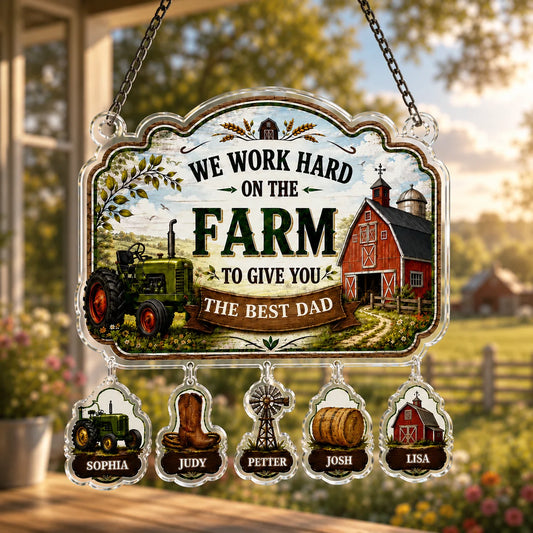 Decorative sign with farm-themed design and names on a blurred outdoor background
