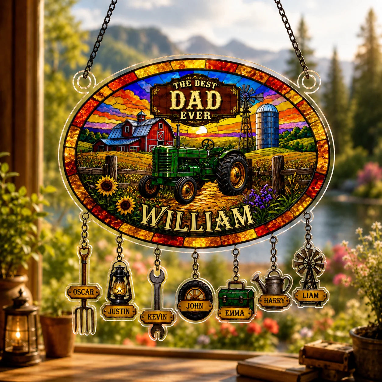 Decorative sign with a tractor and 'The Best Dad Ever' text, set against a scenic background.
