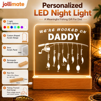 Personalized LED night light for fishing-themed gifts, featuring 'We're Hooked on Daddy' design.