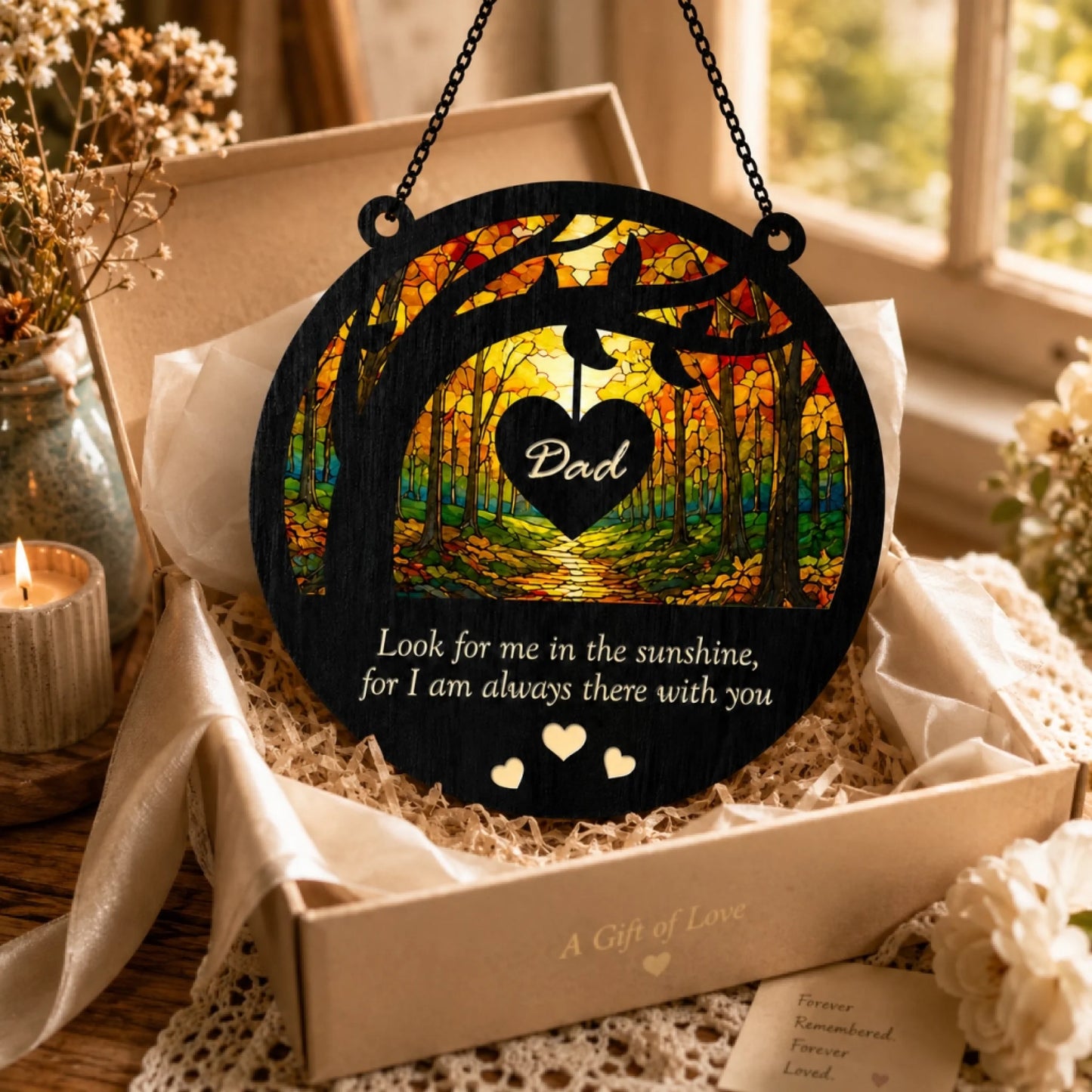 Decorative hanging plaque with 'Dad' and forest design in a gift box.