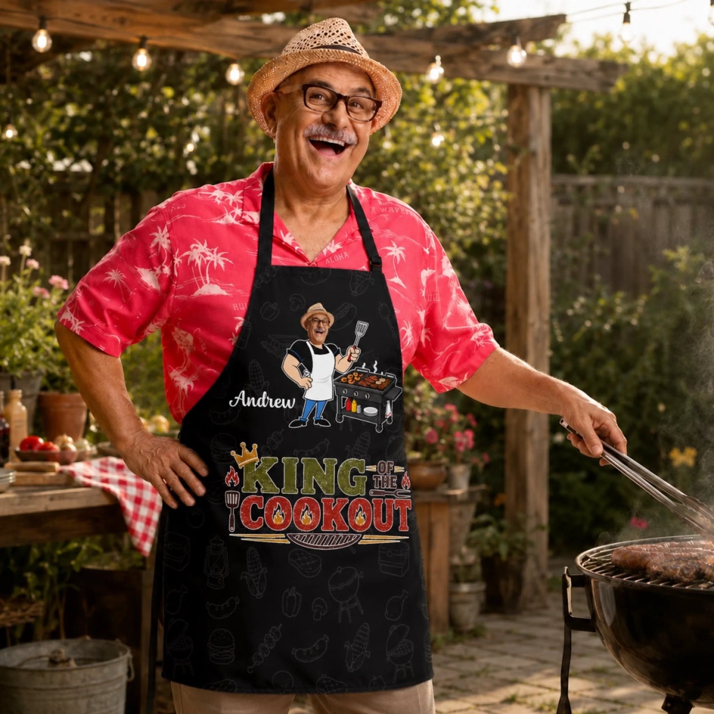 Man wearing a 'King of the Cookout' apron grilling outdoors