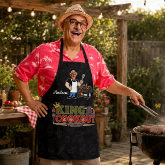 Man wearing a 'King of the Cookout' apron grilling outdoors