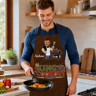 Man in a kitchen wearing a personalized apron with a graphic design.