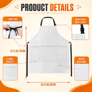 White apron with features and measurements on a beige background