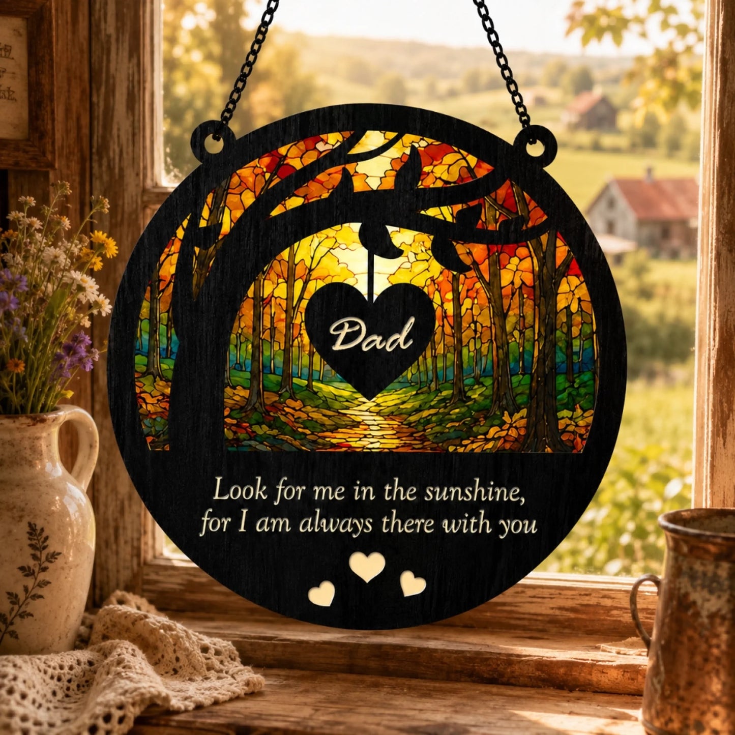 Decorative hanging sign with 'Dad' heart design and scenic background, placed on a windowsill.