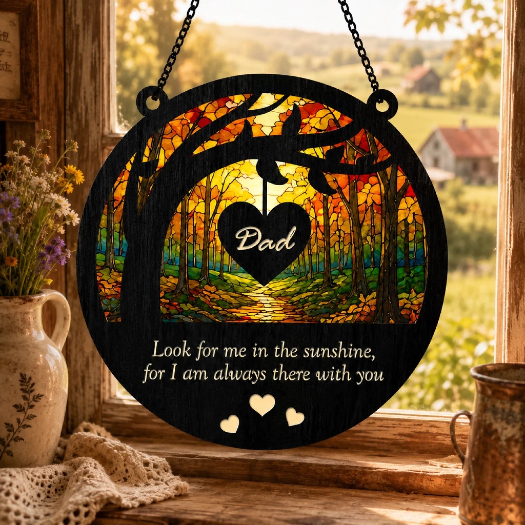 Decorative hanging sign with 'Dad' heart design and scenic background, placed on a windowsill.