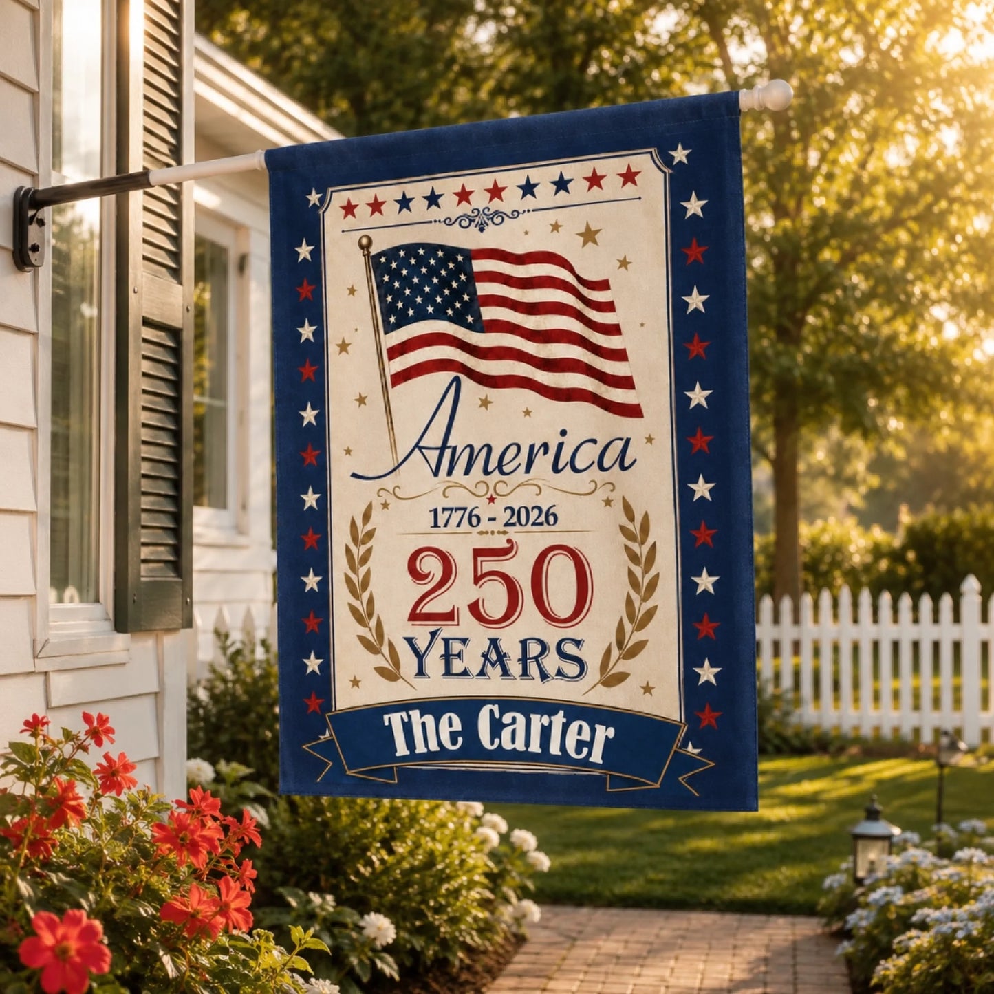 Decorative flag celebrating America's 250th anniversary in front of a house with flowers and a white picket fence.
