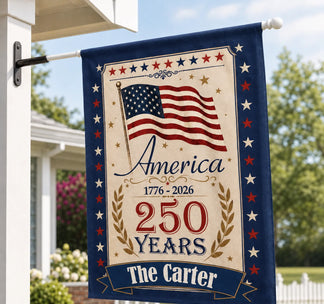 Decorative flag celebrating America's 250th anniversary with an American flag design, displayed outdoors.