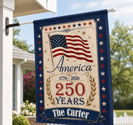 Decorative flag celebrating America's 250th anniversary with an American flag design, displayed outdoors.