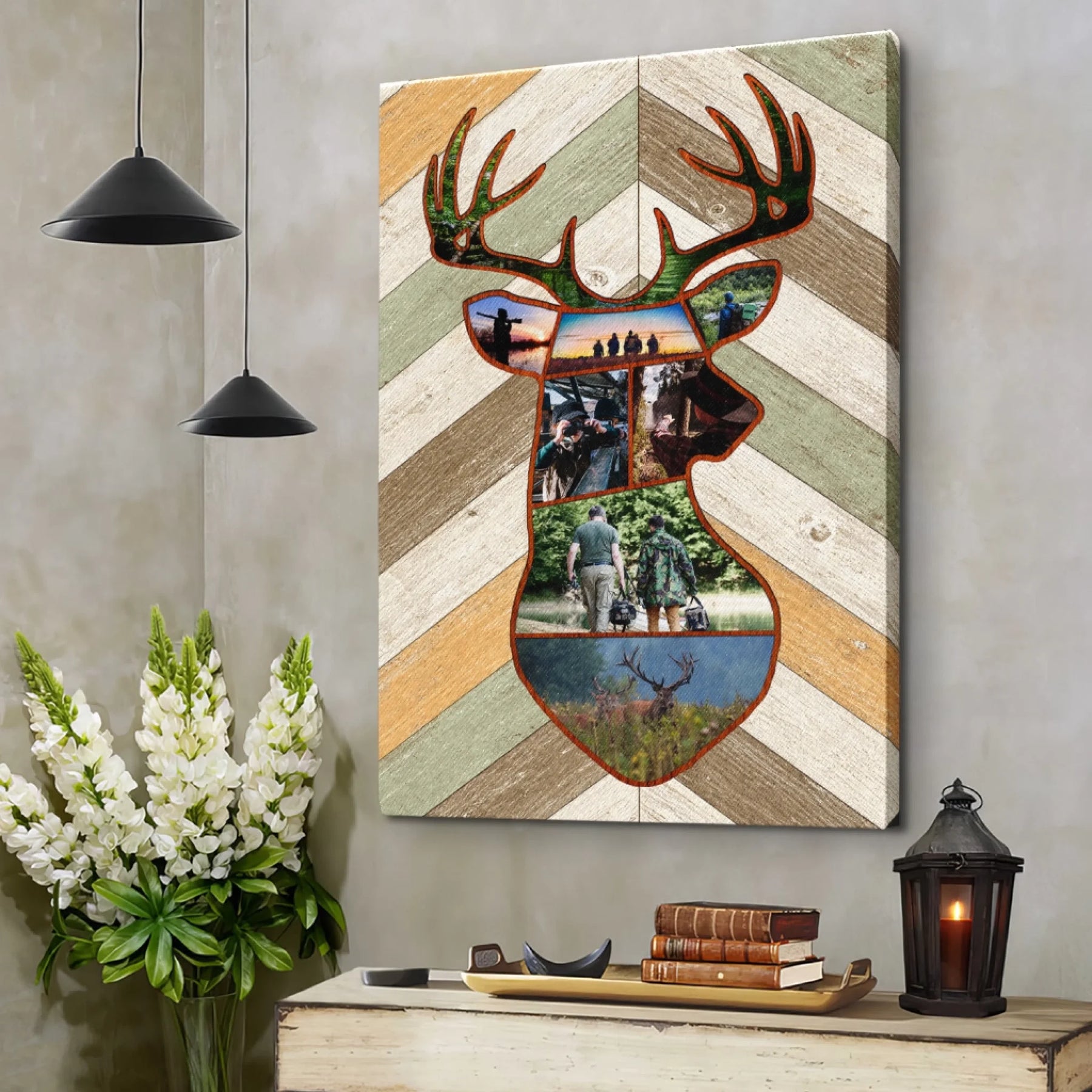 Decorative wall art with deer head design on a wooden panel, placed above a table with books and a lantern.