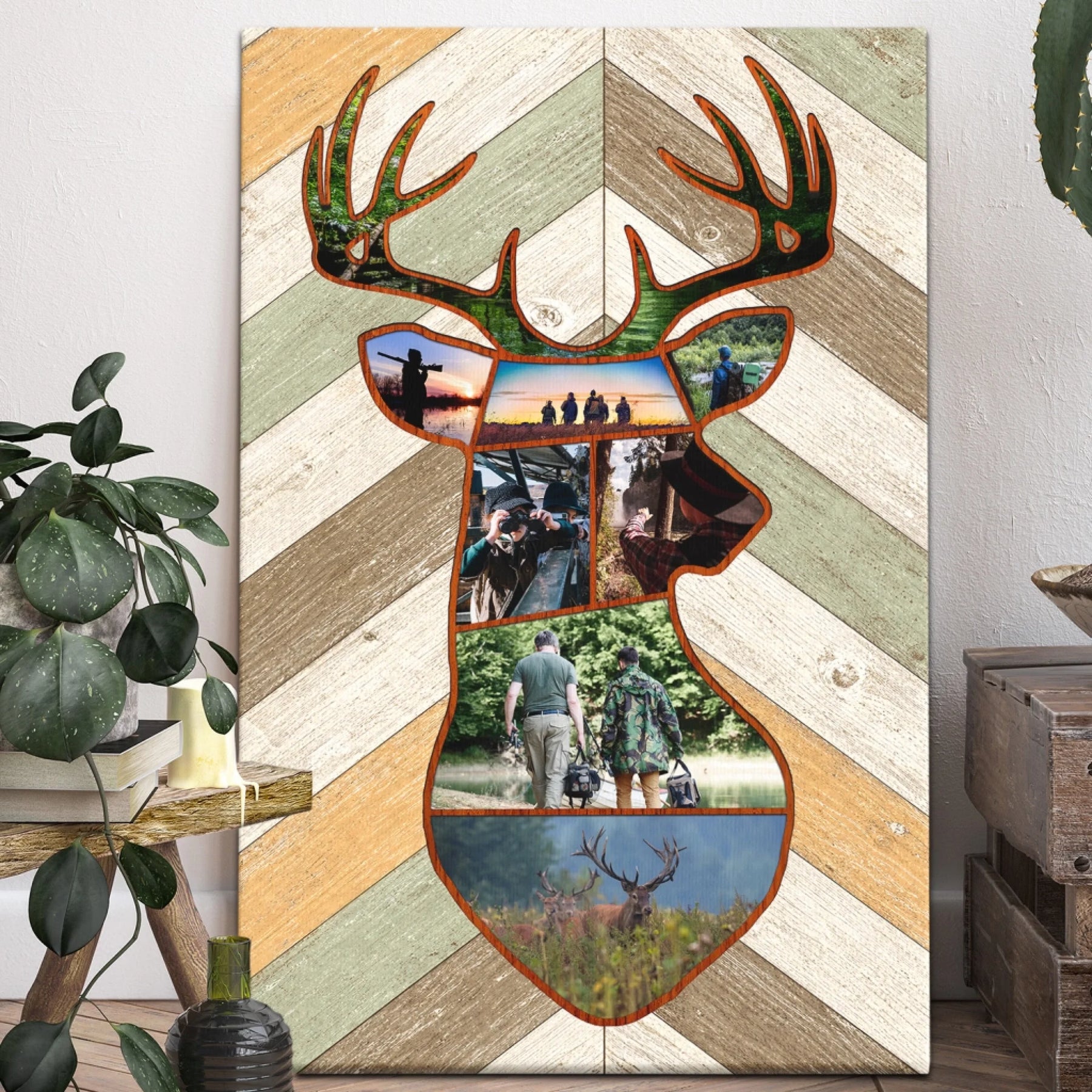 Decorative wall art with deer head design and photo collage on a wooden panel