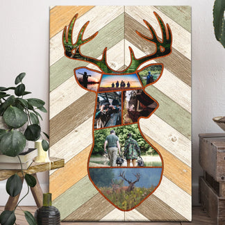 Decorative wall art with deer head design and photo collage on a wooden panel