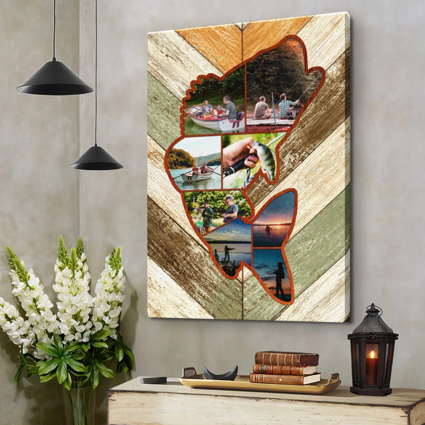 Wooden wall art with a collage of photos on a gray wall above a wooden shelf.