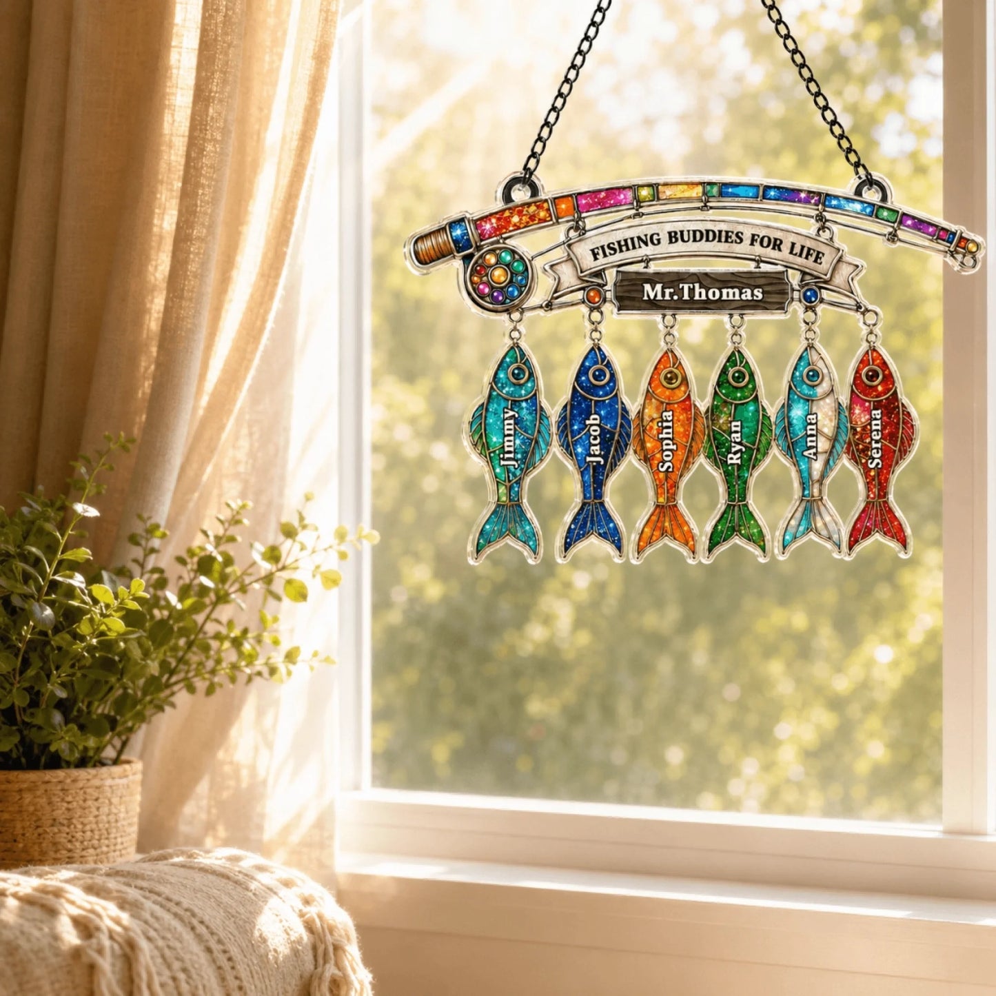 Decorative hanging sign with colorful fish and 'Fishing Buddies for Life' text, placed by a window.