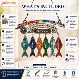 Personalized acrylic suncatcher ornament with colorful fish designs and text, featuring jollimate branding.
