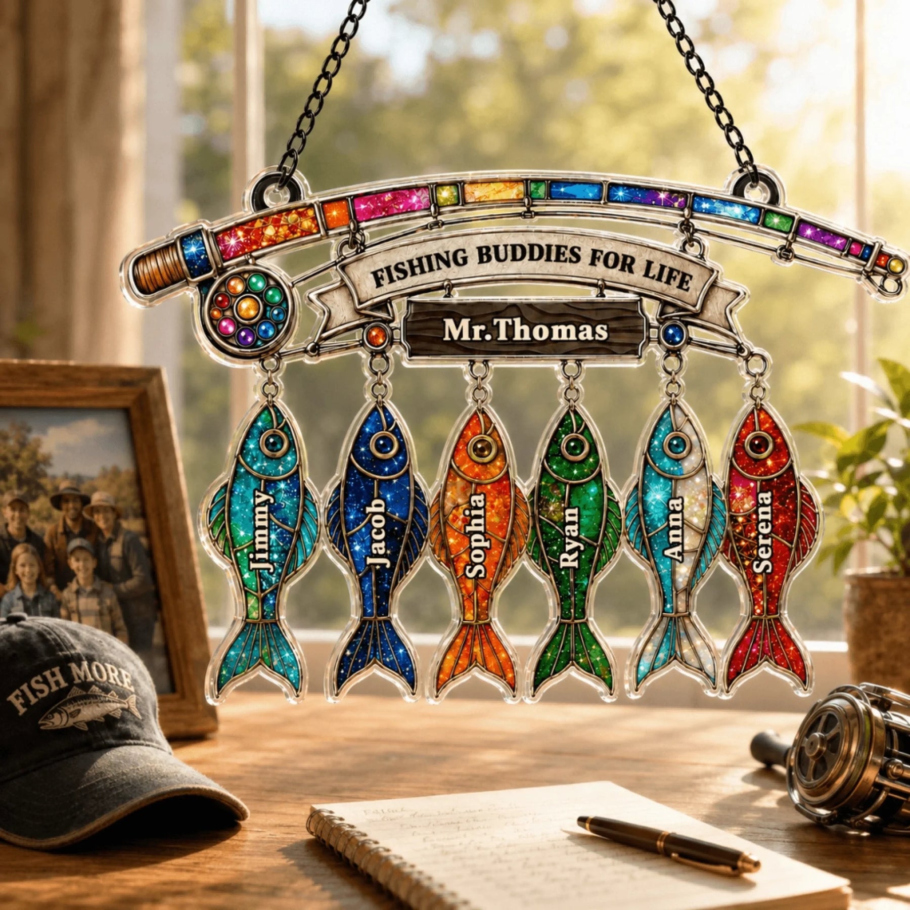 Decorative stained glass panel with colorful fish and personalized names on a wooden surface.