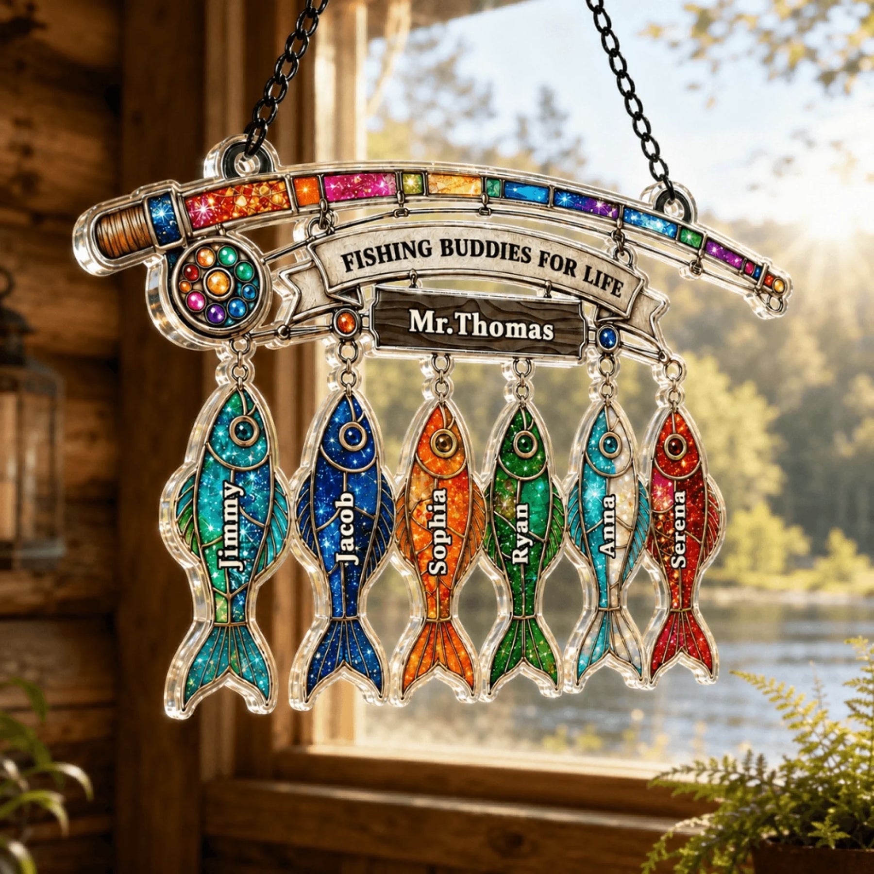 Decorative hanging sign with colorful fish and personalized names against a blurred natural background