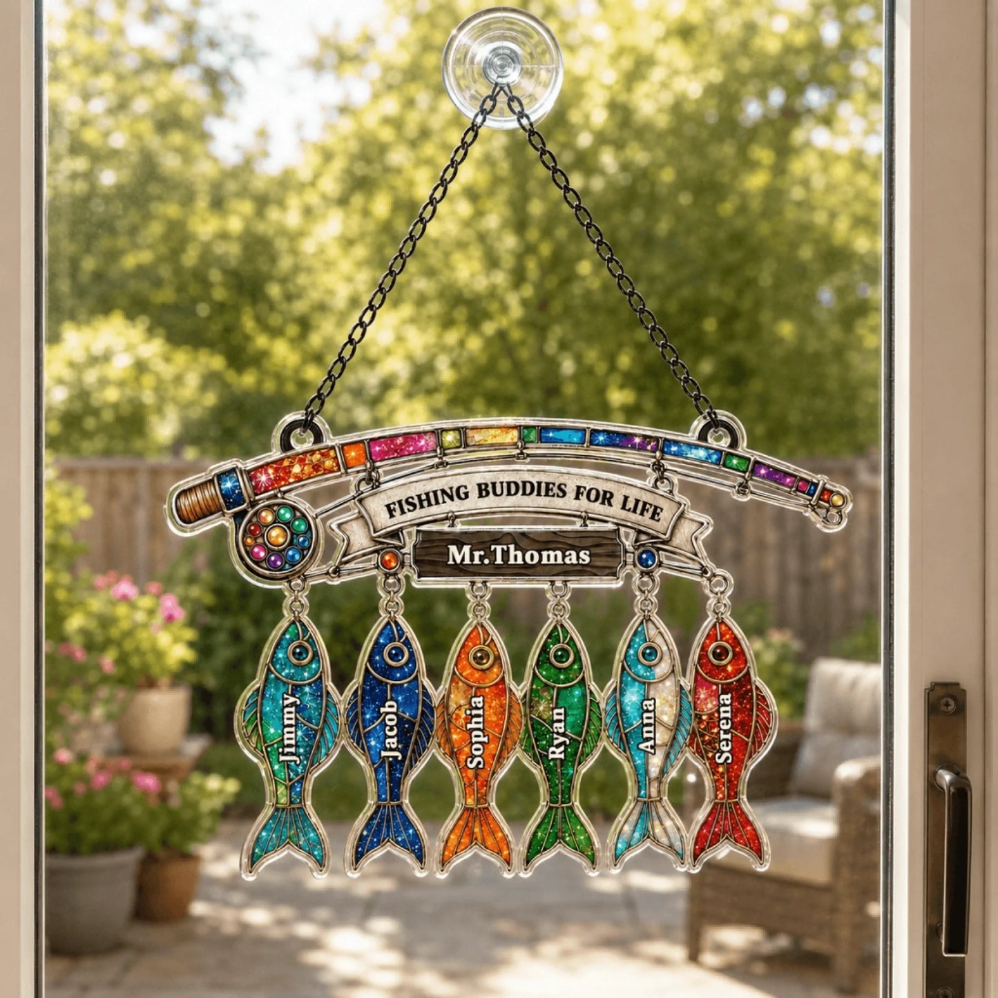 Decorative hanging sign with colorful fish and 'Fishing Buddies for Life' text, outdoors.