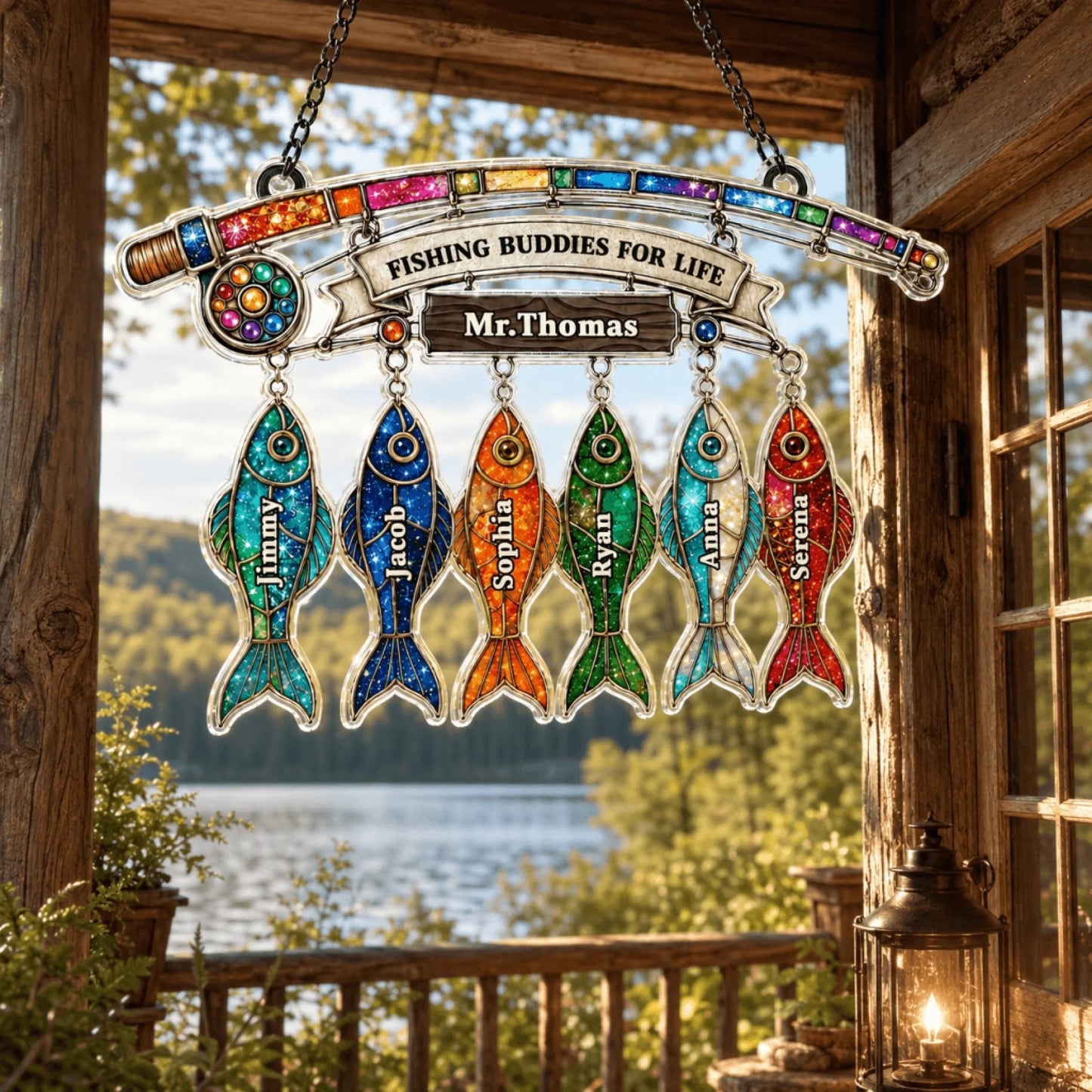 Decorative sign with colorful fish-shaped names hanging on a wooden porch with a lake view.