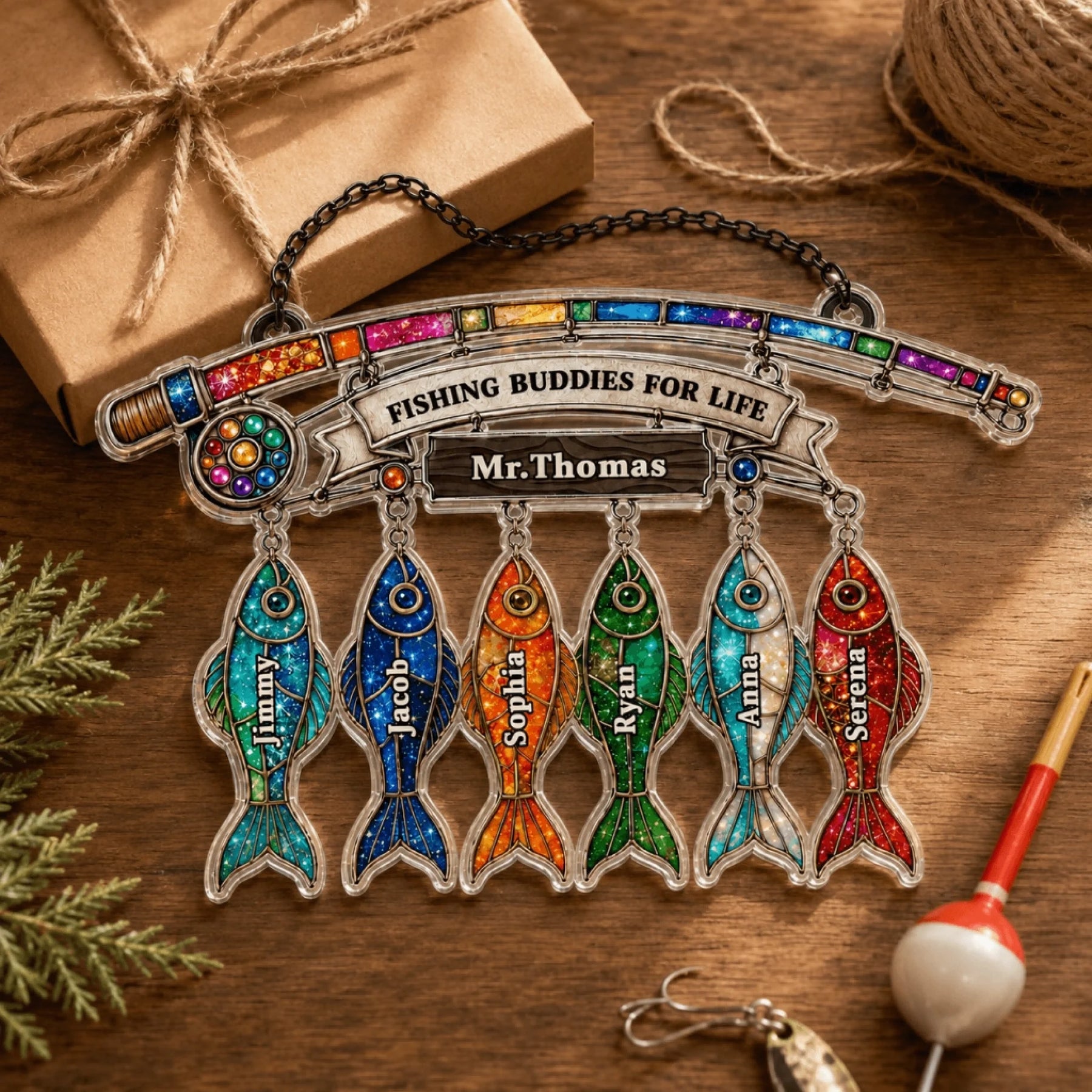 Personalized fishing-themed keychain with colorful fish designs on a wooden surface.