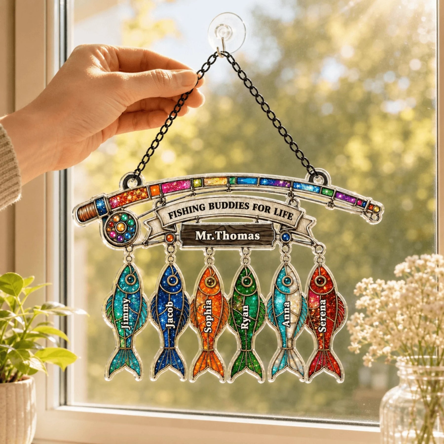 Decorative fishing-themed ornament with colorful fish and names, held up against a window.