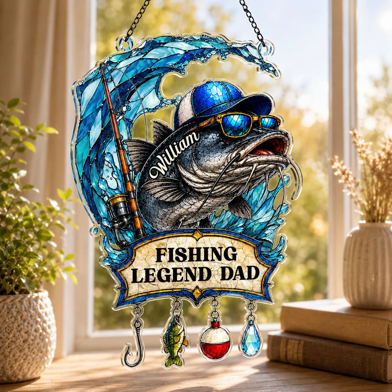 Decorative sign with a fish and fishing rod, featuring 'Fishing Legend Dad' text, on a window sill.