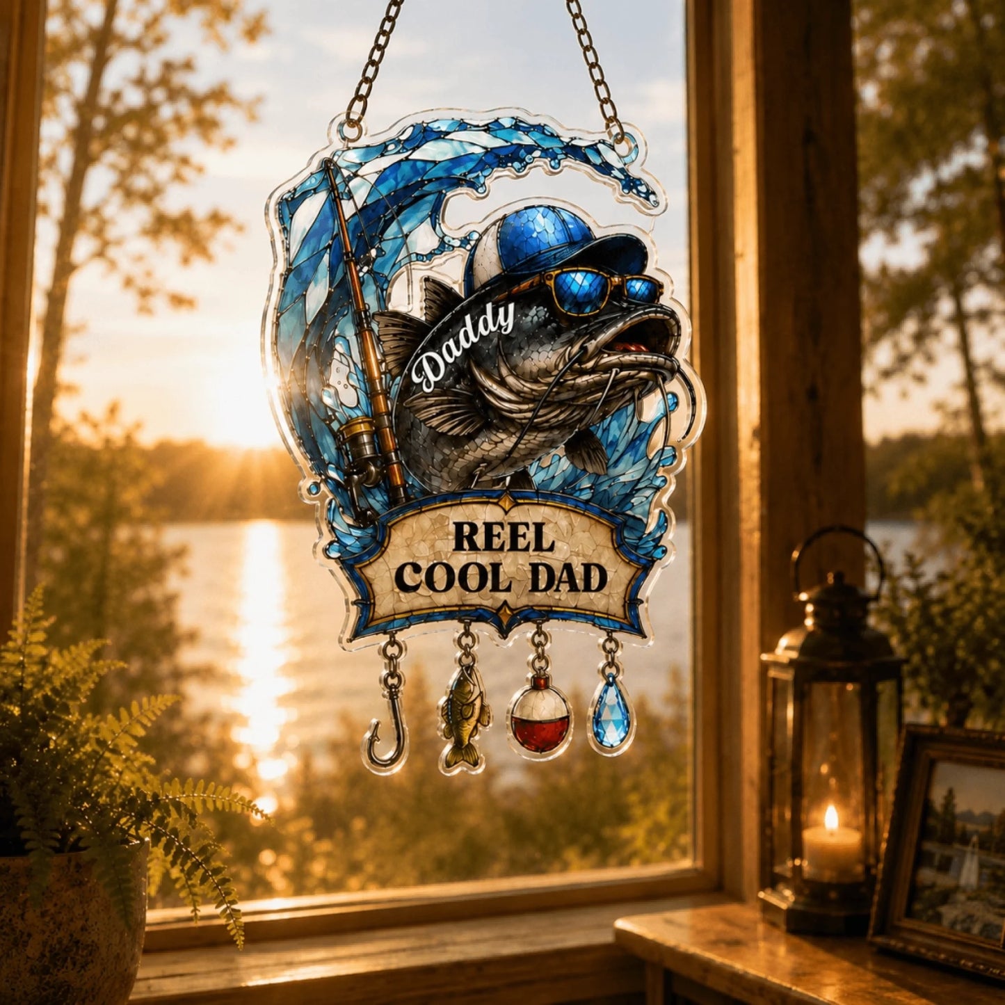 Decorative sign with fishing theme and 'Daddy Reel Cool Dad' text, hanging by a window with a sunset view.