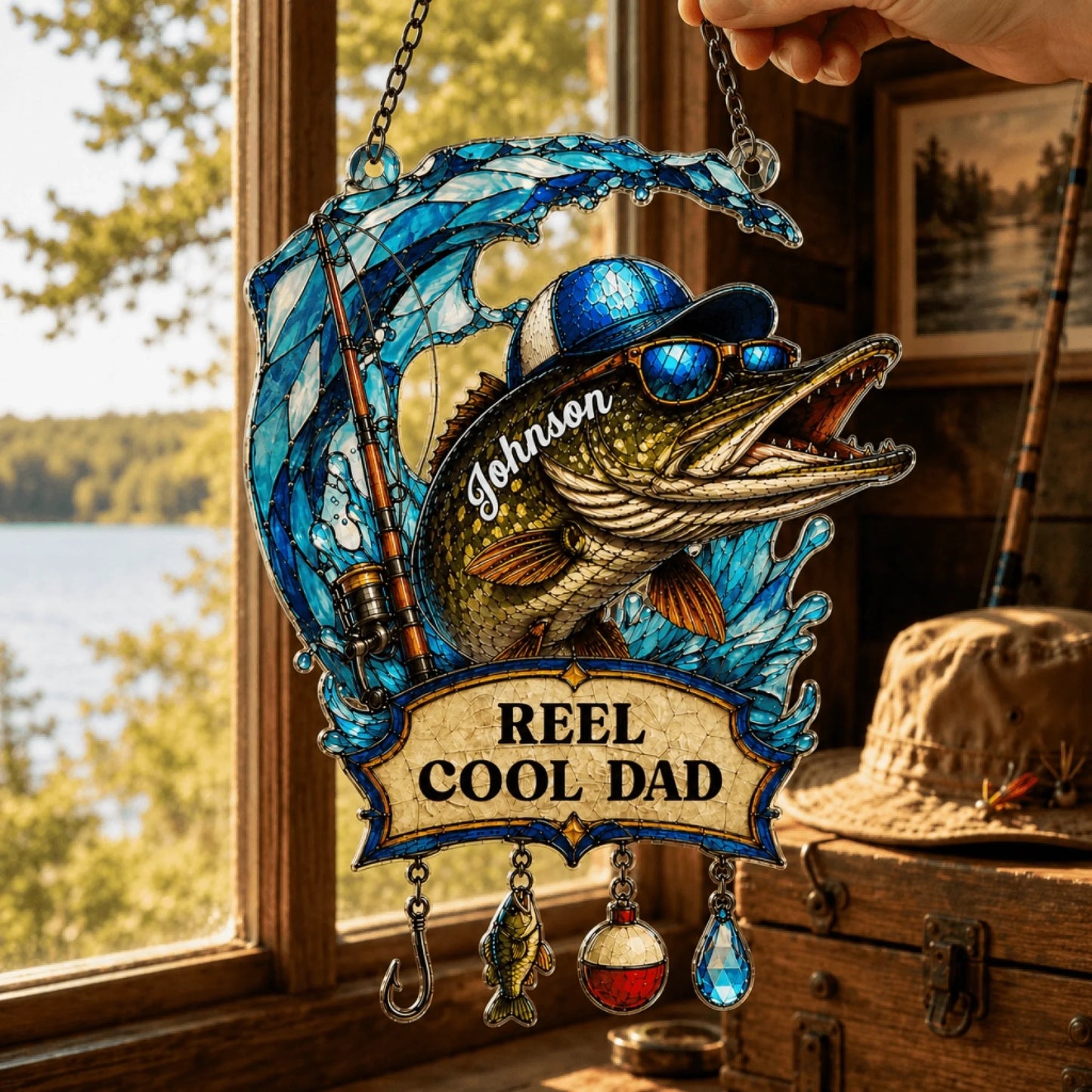 Decorative fishing ornament with 'Reel Cool Dad' text, placed by a window with a view of a lake.