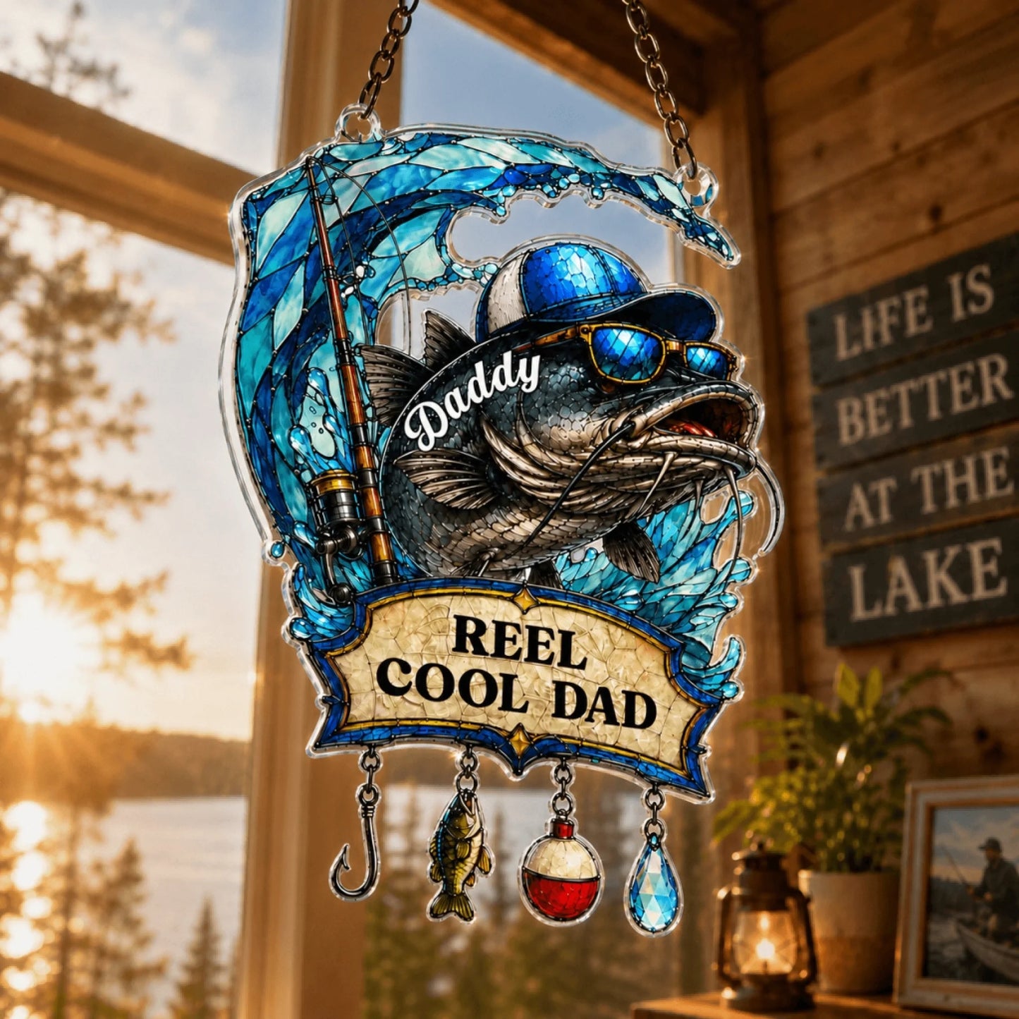 Decorative fishing-themed ornament with a fish wearing sunglasses and a cap, set against a scenic lake background.