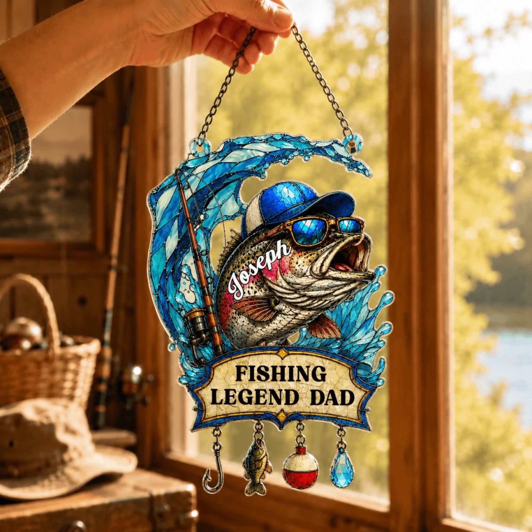 Decorative sign with a fish design and 'Fishing Legend Dad' text, held by a hand indoors.