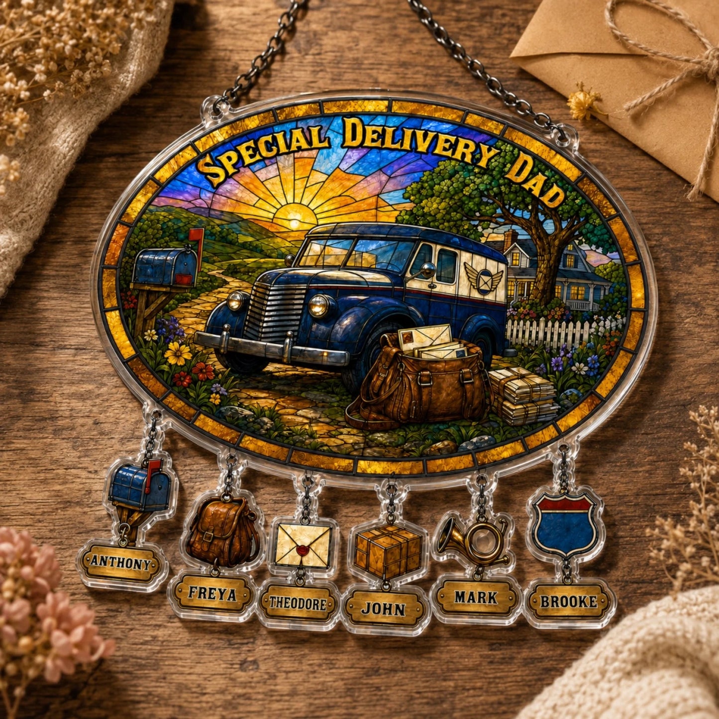 Decorative plaque with vintage car and child names on a wooden surface