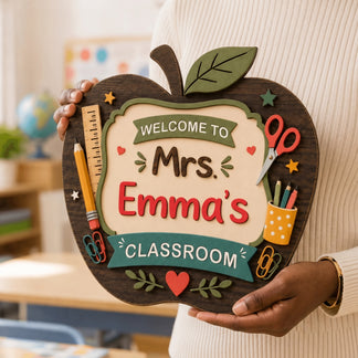 Teacher Personalized Wooden Sign 2 Layer - Custom Name - 5 Size - Classroom Decor Gift - Welcome To Classroom Sign - Jollimate