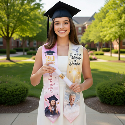 Graduate holding a diploma with a personalized stole outdoors on a sunny day.
